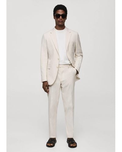 Mango Striped Seersucker Cotton Slim Fit Suit Trousers - Natural