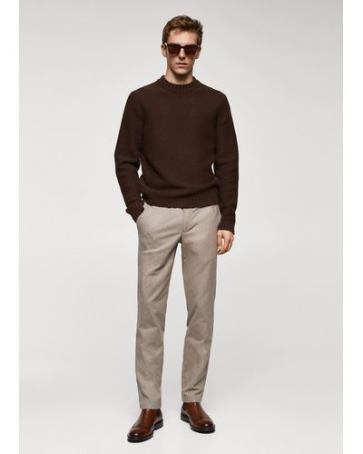 Mango Slim Fit Structured Cotton Trousers - Brown
