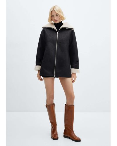 Mango Shearling-lined Coat With Zip - Black