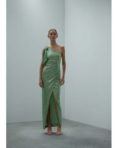 Mango Asymmetrical Sequin Dress With Bow - Green