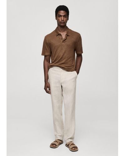 Mango Slim Fit 100% Linen Polo Shirt - Natural