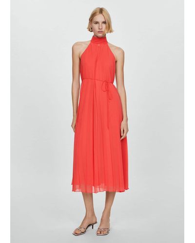 Mango Pleated Halter Neck Dress Coral - Red