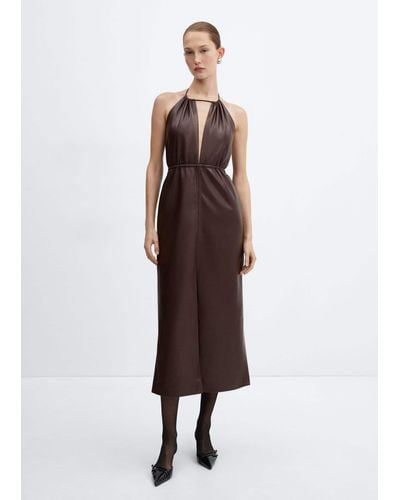 Mango Leather-effect Halter Dress - Brown
