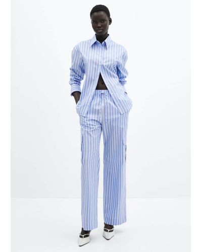 Mango Striped Cotton Cargo Trousers Sky - Blue
