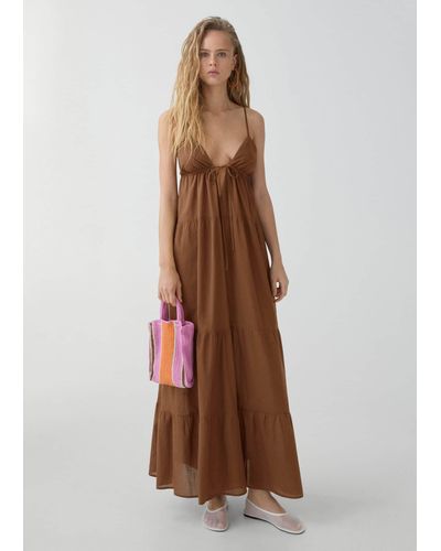Mango Long Dress With Bow Neckline - Brown