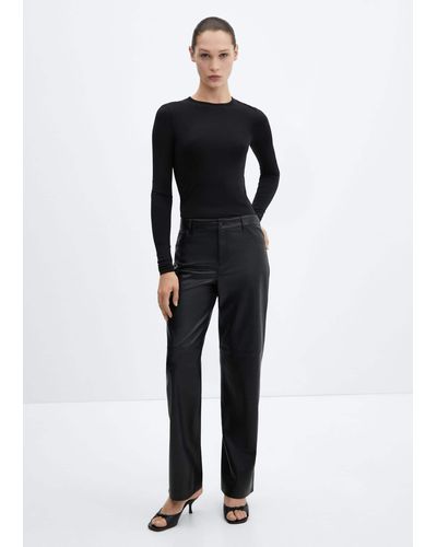 Mango Mid-rise Leather Effect Trousers - Black