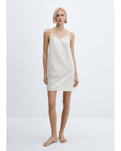 Mango Floral Embroidered Cotton Nightgown Off - White