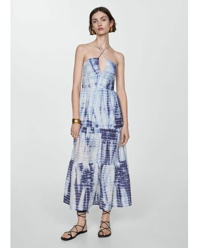 Mango V-neck Printed Dress Aqua - Blue