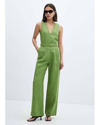 Mango 100% Linen Jumpsuit With Belt - Green