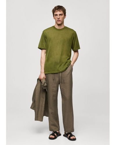 Mango 100% Linen Trousers With Drawstring - Green