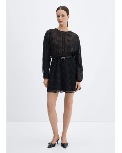 Mango Puff-sleeved Embroidered Dress - Black