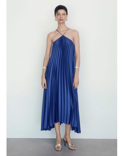 Mango Pleated Halter Neck Dress - Blue
