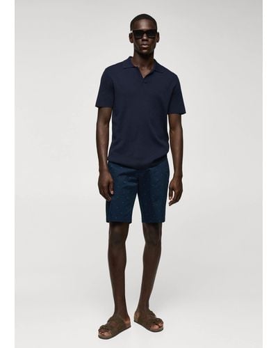 Mango Slim-fit Cotton Micro-print Bermuda Shorts - Blue