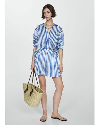 Mango 100% Cotton Striped Shirt Off - Blue