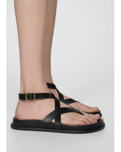 Mango Leather Strap Sandals - Black