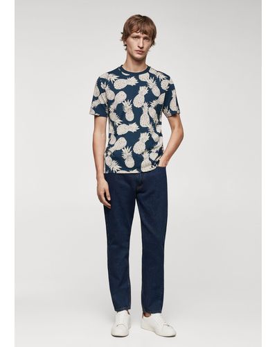 Mango 100% Cotton Shirt With Pineapple Print Dark - Blue