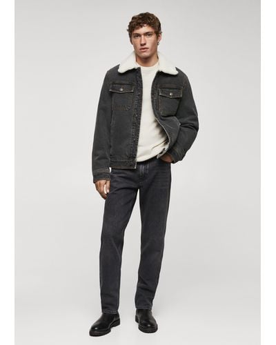 Mango Shearling Denim Jacket Open - Grey