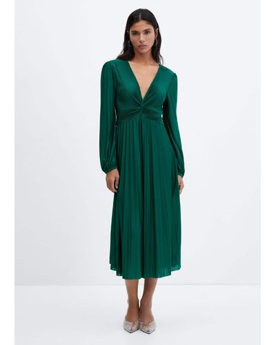 Mango V-neck Pleated Dress Dark - Green