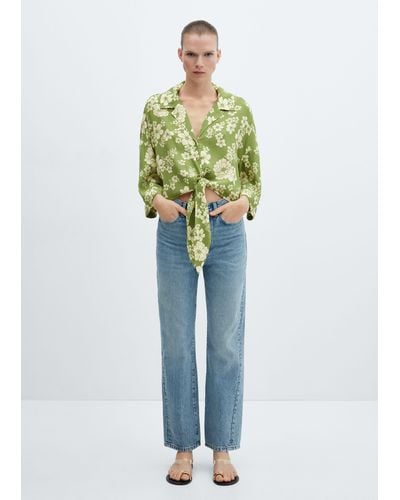 Mango Floral-print Shirt With Knot Detail - Blue