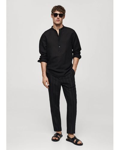Mango Slim Fit Linen Trousers With Pinstripes - Black
