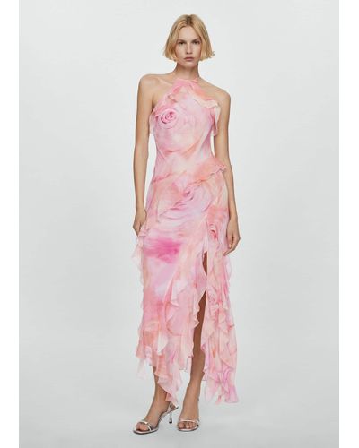 Mango Ruffled Floral Print Dress Pastel - Pink