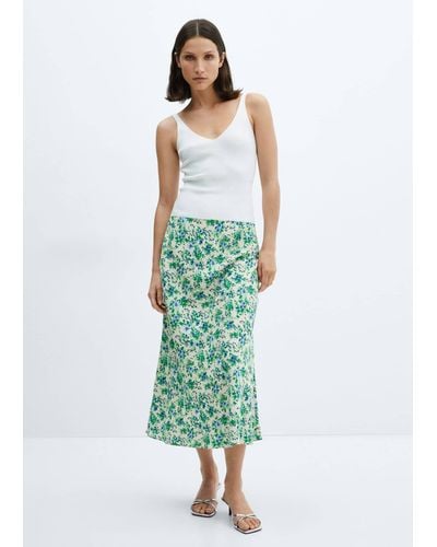 Mango Printed Satin Skirt Off - Green