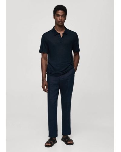 Mango Slim Fit 100% Linen Polo Shirt Dark - Blue