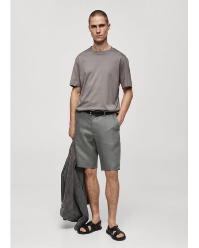 Mango Slim Fit 100% Linen Bermuda Shorts - Grey
