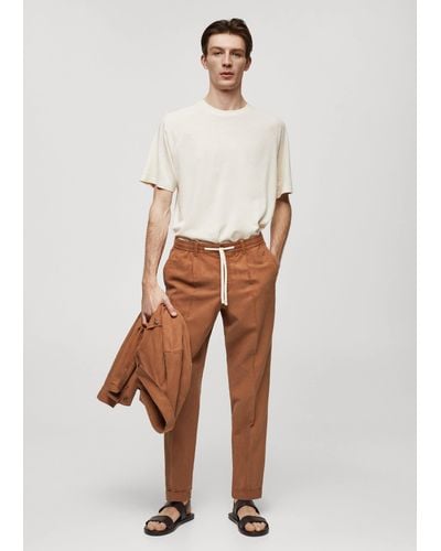 Mango Linen-blend Slim-fit Trousers With Drawstring Burnt - White