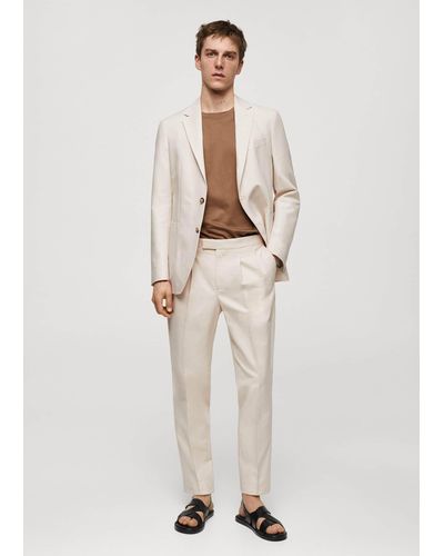 Mango 100% Cotton Slim Fit Tailored Suit Trousers - Natural