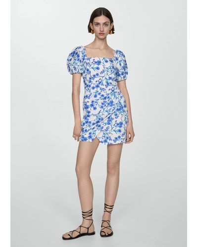 Mango Printed Dress With Balloon Sleeves Off - Blue
