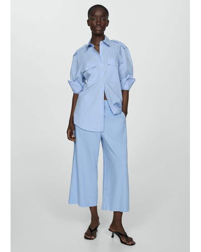 Mango Wideleg Linen Trousers Sky - Blue
