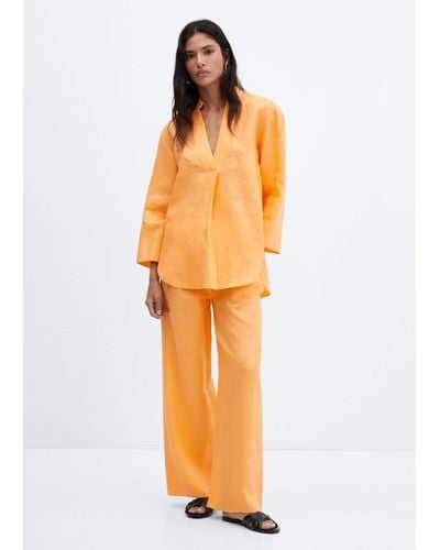 Mango Linen-blend Elastic Waist Trousers - Orange