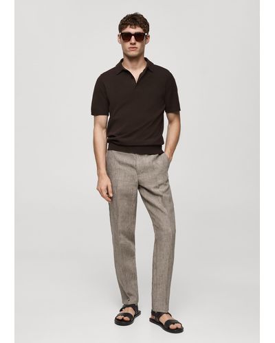 Mango 100% Linen Prince Of Wales Check Trousers - Brown