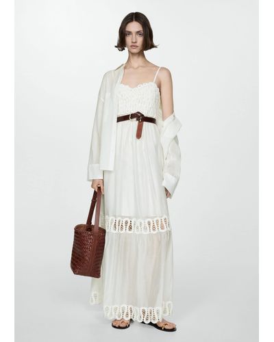 Mango Embroidered Detail Dress Off - White