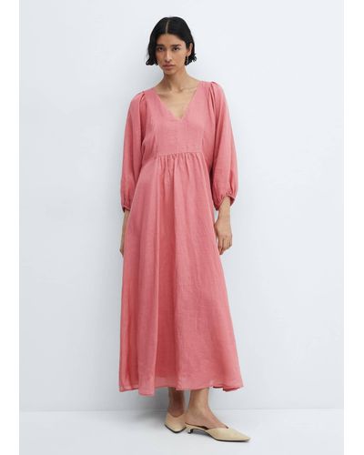 Mango Ramie Puff Sleeve Dress Bubblegum - Pink