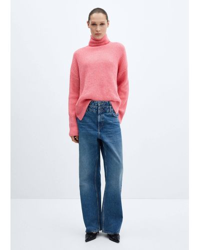 Mango Rolled Neck Cable Jumper Coral - Pink