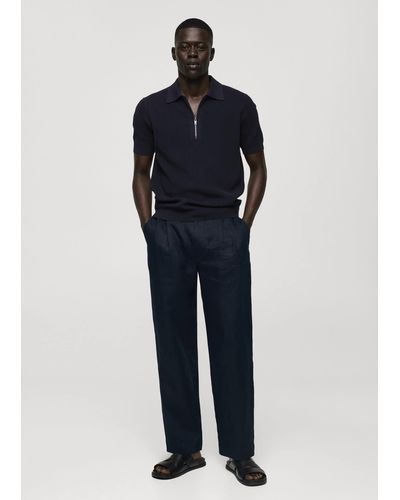Mango Knitted Polo Shirt With Zip Dark - Blue