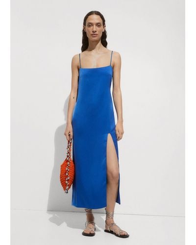 Mango Side-slit Satin Dress - Blue