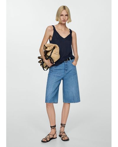 Mango Linen Top With Knotted Straps Dark - Blue