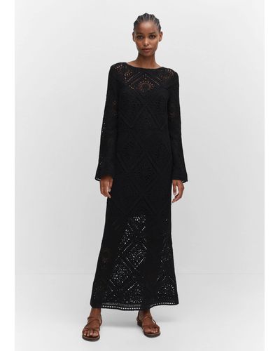 Mango Flared-sleeve Crochet Dress - Black