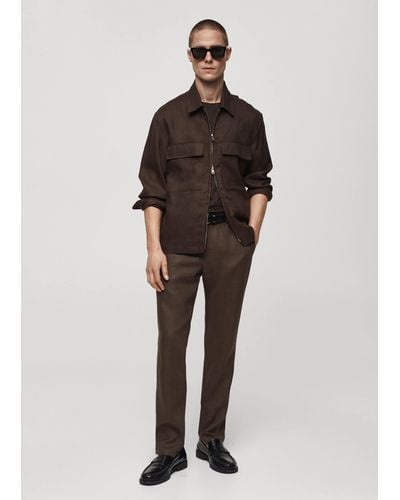 Mango Slim-fit 100% Linen Trousers - Brown