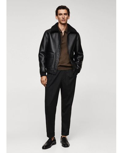 Mango Shearling-lined Leather-effect Jacket - Black