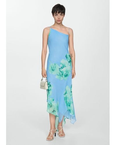 Mango Asymmetrical Floral Dress Sky - Blue