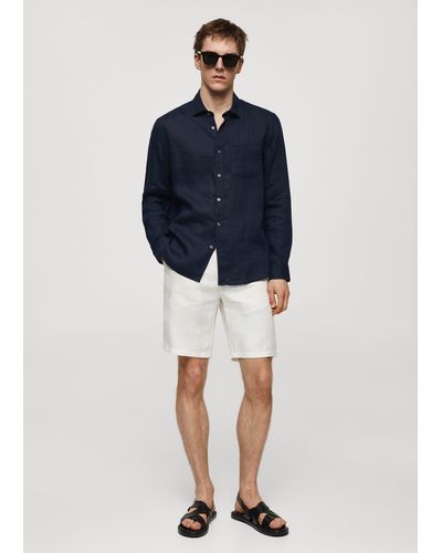 Mango Slim Fit 100% Linen Bermuda Shorts - Blue