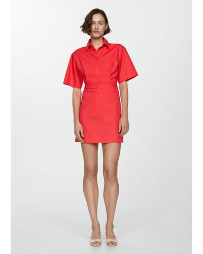 Mango Belt Shirt Dress Coral - Red