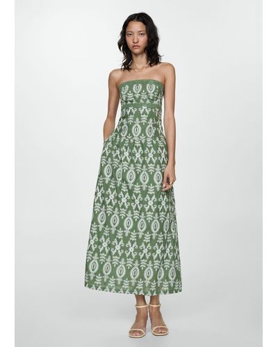 Mango Strapless Embroidered Dress - Green