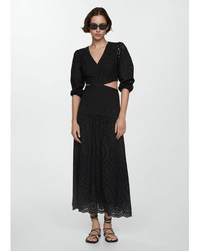 Mango Embroidered Dress With Slits - Black