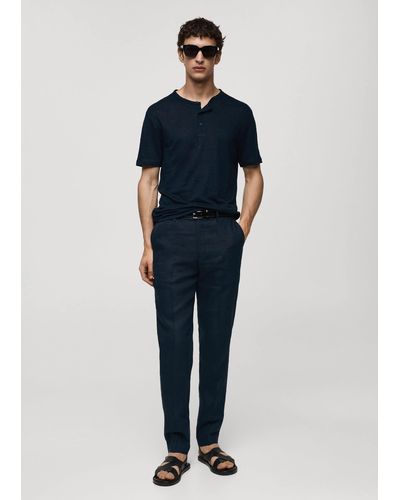 Mango Slim-fit 100% Linen T-shirt Dark - Blue