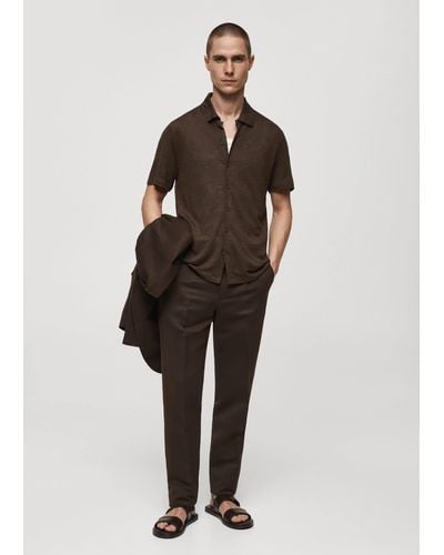 Mango 100% Linen Buttoned Polo Shirt - Brown